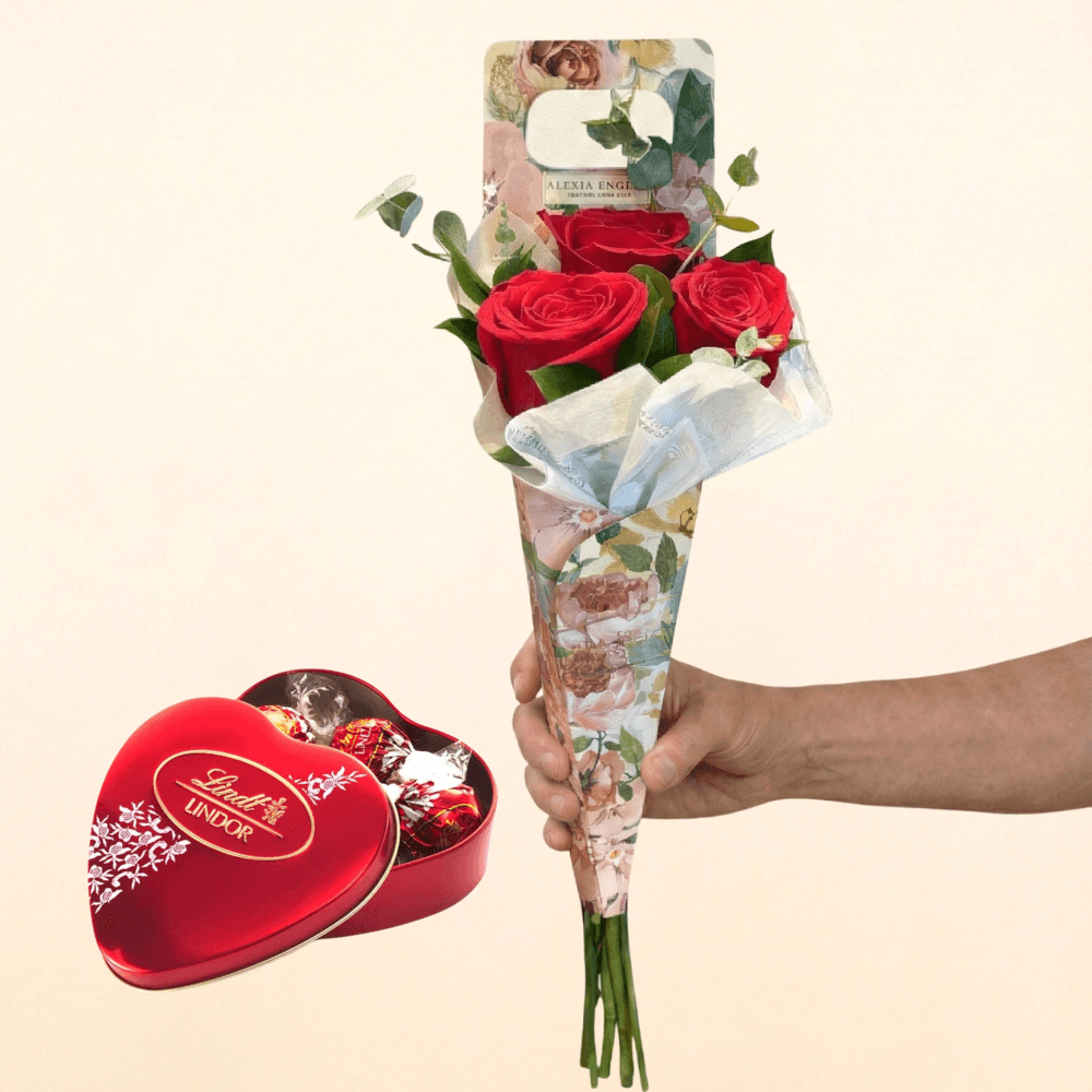 Cone com 3 Rosas Vermelha & Lindt